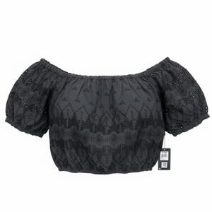 Lucky Brand Washed Black Off Shoulder Embroidered Crop Top Boho Cottage XL NEW